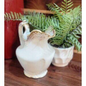 Antique 19th Century Ironstone Pitcher with Ornate Gold Trim